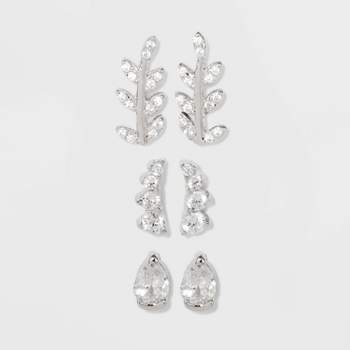 Sterling Silver Cubic Zirconia Leaf, Crawler and Teardrop Stud Earring Set 3pc - A New Day™ Silver