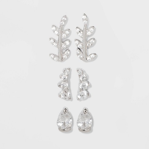 Sterling Silver Cubic Zirconia Leaf, Crawler and Teardrop Stud Earring Set  3pc - A New Day™ Silver