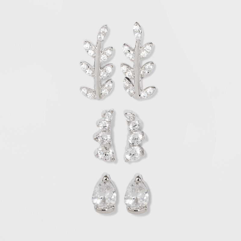 Sterling Silver Cubic Zirconia Leaf, Crawler and Teardrop Stud Earring Set 3pc - A New Day&#8482; Silver, 1 of 5
