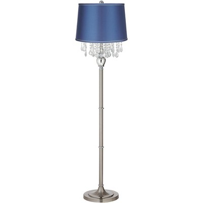 360 Lighting Modern Floor Lamp Standing 62 1/2" Tall Brushed Nickel Silver Crystals Medium Blue Satin Drum Shade for Living Room Bedroom Office House