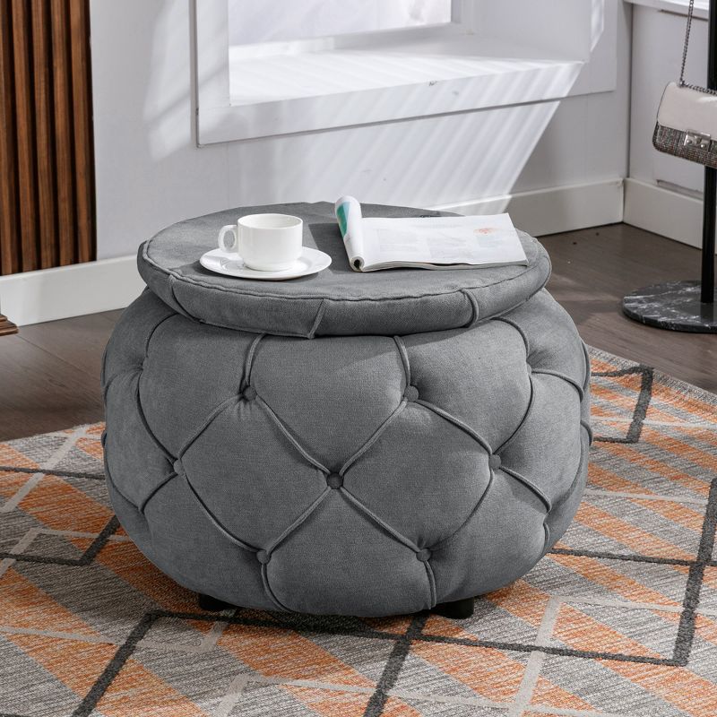 Large Button Tufted Burlap Woven Round Storage Ottoman for Living Room and Bedroom - ModernLuxe, 1 of 13