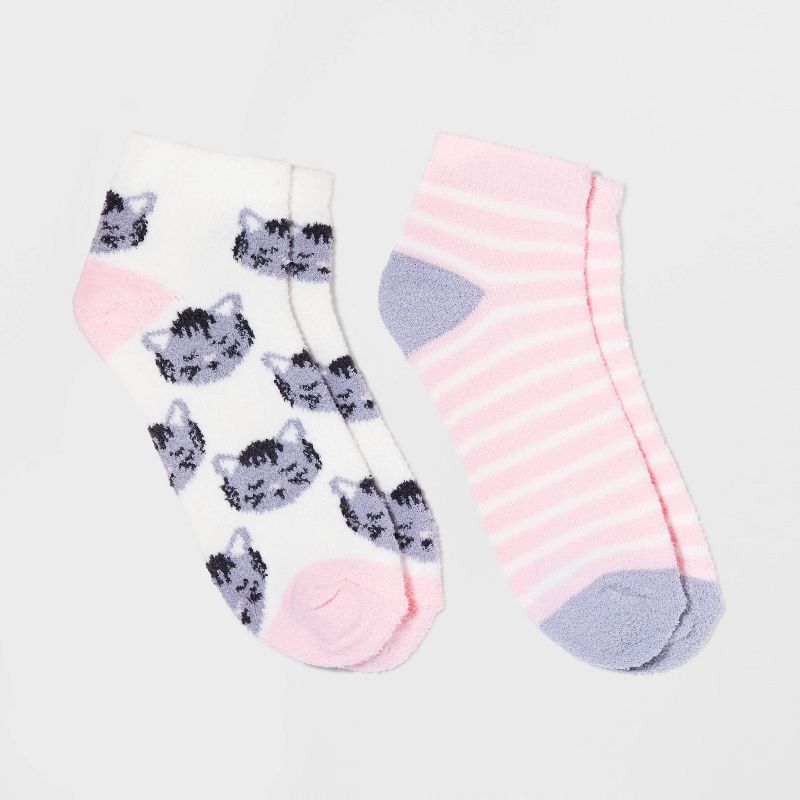 Women&#39;s 2pk Cats Cozy Low Cut Socks - Ivory/Pink 4-10, 1 of 4