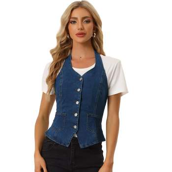 Allegra K Women's Denim Halter Neck Button Down Backless Jean Vest