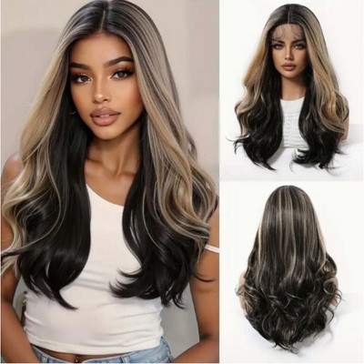 Jessie's Wig 20 Inch Wavy Lace Wigs Synthetic Hair 13*5*1 C Part Lace Black Skunk Stripe With Blonde1 Pc/Pack