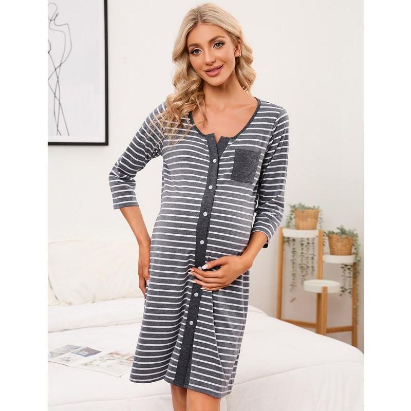 WhizMax Mothers Day Gifts Maternity Nightgown Women's 3/4 Sleeve Striped Nursing Sleepshirt Full Button Breastfeeding Sleep Dress, 2 of 10