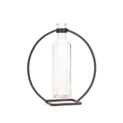 Elegant Gray 9" Glass Bouquet Vase with Metal Frame