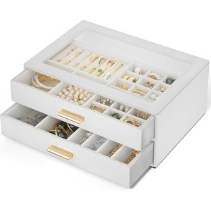 Leather Jewelry Box with Clear Lid, 2-Drawer Storage Organizer Case for Necklaces, Rings, Earrings, Bracelets - 1 of 4