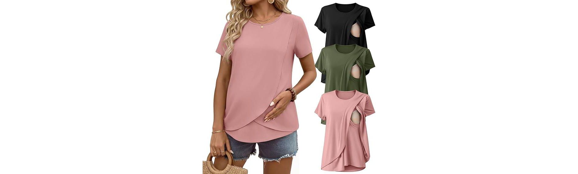 Ekouaer Women Short Sleeve Double Layer Maternity Nursing Shirts Breastfeeding Postpartum Tops