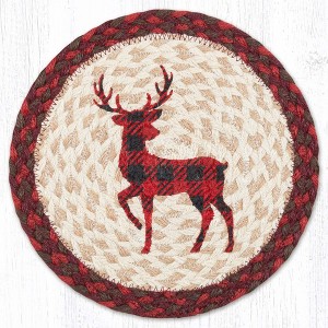 Earth Rugs Lodge Decor Red Plaid Deer Round Table Trivet – Braided Jute 10" - 1 of 3