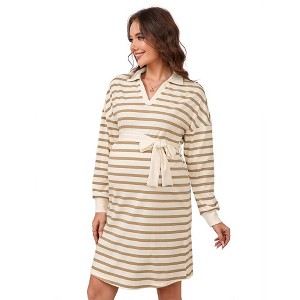 Maternity Sweater Dress Long Sleeve Collar V Neck Striped Midi Dress with Belt Baby Shower Photoshoot - 1 of 4