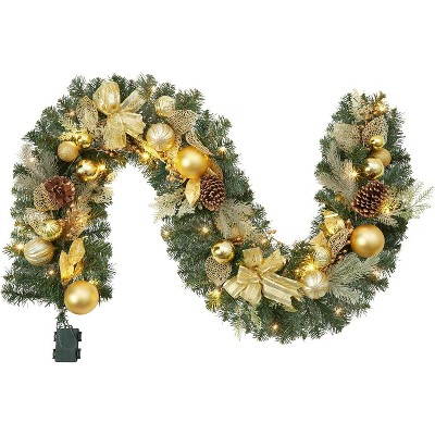 6 Ft Christmas Garland, Pre-Lit Artificial Garland with 20 LED Lights, Rattan Christmas Decoration with Gold Bows, Ball Ornaments, Pine Cones, Gold