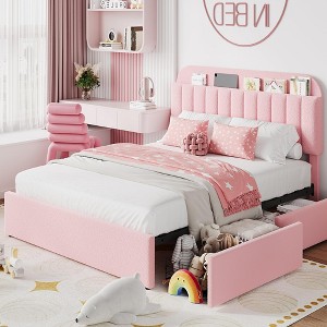 Queen Size Platform Bed Frame, Faux Fur Upholstered Bed Frame with Storage, 2 Rolling Drawers, Noise Free Bedframe with Sturdy Wooden Slats Supports - 1 of 4