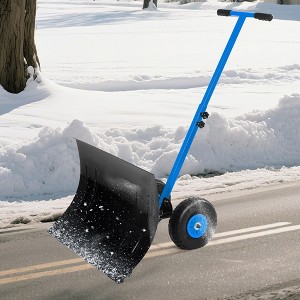 Snow Shovel with Wheels, Steel Blade Snow Pusher, Adjustable Angle/Height Handle - 1 of 4