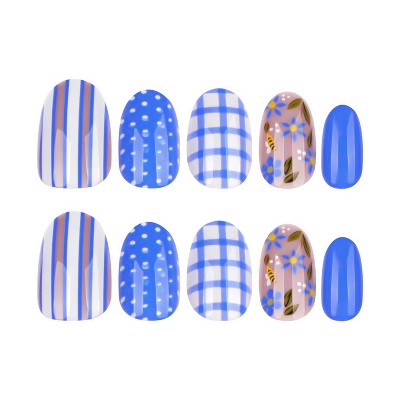 LOVELAY CREATIONS Blue Short Almond Press-On Nails with Bee Plaid Designs