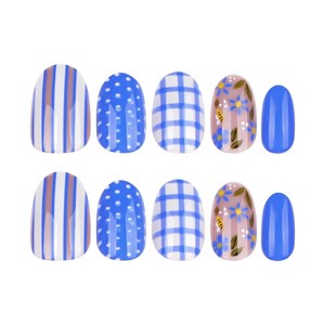 LOVELAY CREATIONS Blue Short Almond Press-On Nails with Bee Plaid Designs - 1 of 4