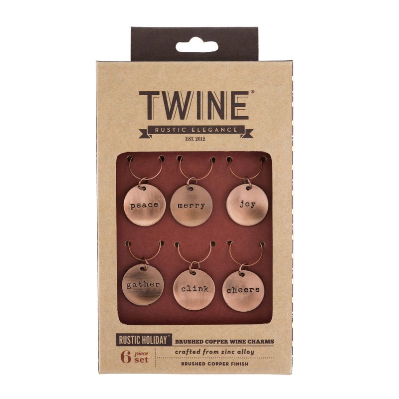 TWINE Brushed Copper Holiday Wine Charms for Glass Identification, Drink and Party Accessories, Zinc Alloy, set of 6, 4 of 5