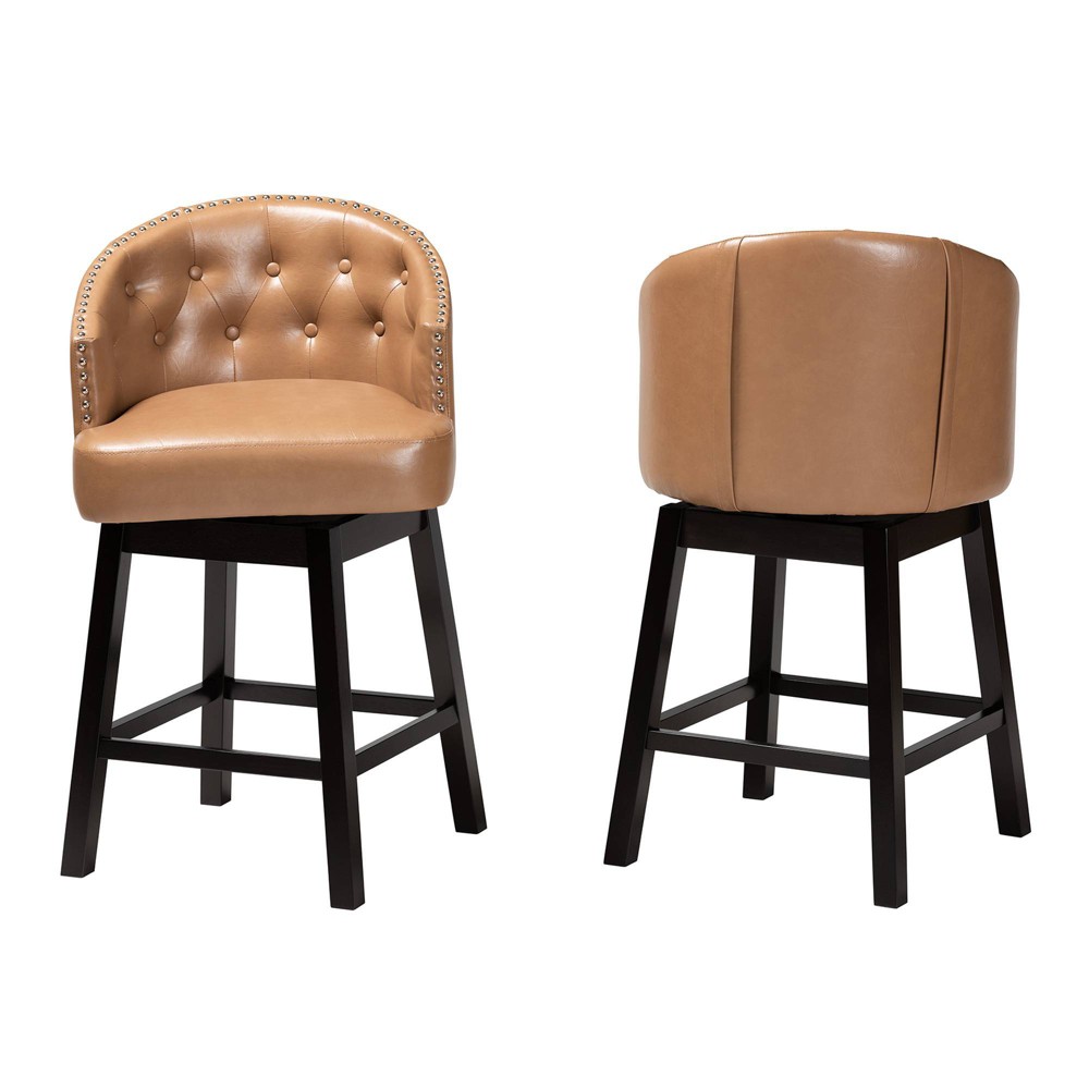 Photos - Storage Combination 2pc Theron Faux Leather and Wood Swivel Counter Stool Set Tan/Espresso Bro