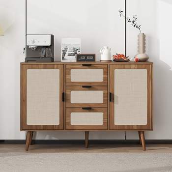 Storage Cabinet With Rattan Doors, Rattan Sideboard Cabinet With 2 Doors 3 Drawers, Freestanding Storage Cabinet For Living Room