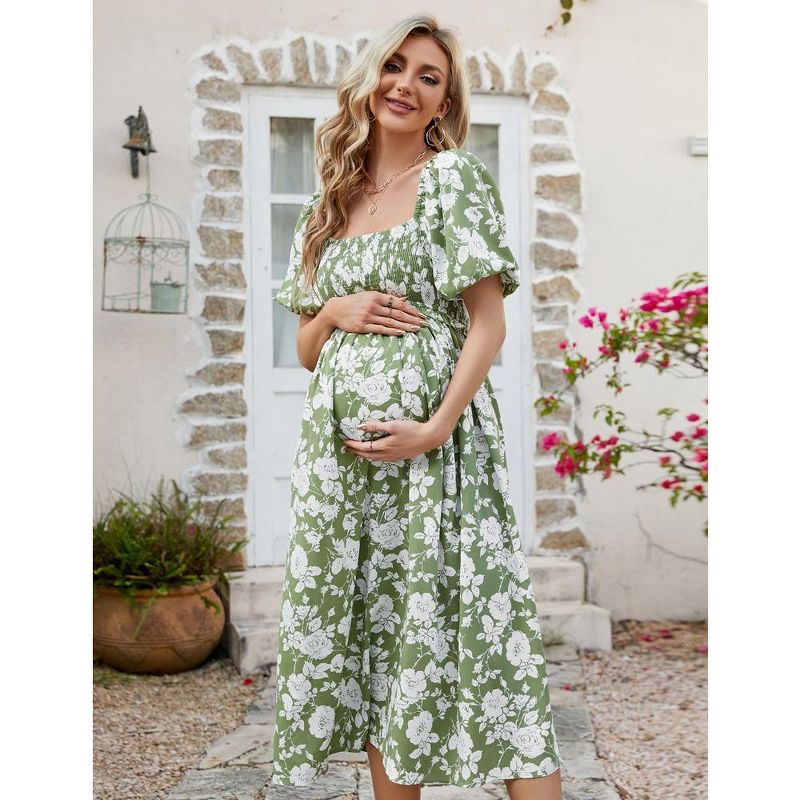 WhizMax Women's Maternity Dress Summer Floral Print Square Neck Puff Sleeve Maxi Dress Casual Ruffle A Line Dress for Babyshower, 2 of 8