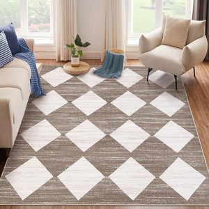 Runner Rug Washable Distressed Trellis Rug, Bedside Modern Checkered Office Carpet Low Pile Neutral Soft Nursery Carpet - 1 of 4