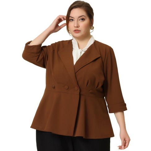 Agnes Orinda Women's Plus Size Ruffle Peplum Ruched Curvy Formal Outfits  Blazers Brown 2X