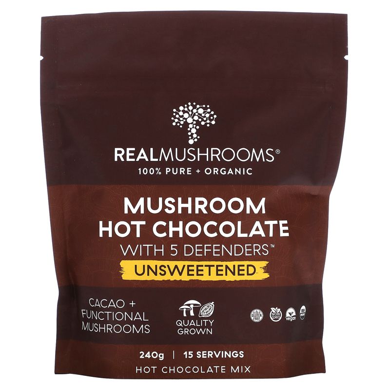 Real Mushrooms Mushroom Hot Chocolate with 5 Defenders, Unsweetened, 240 g, 1 of 3