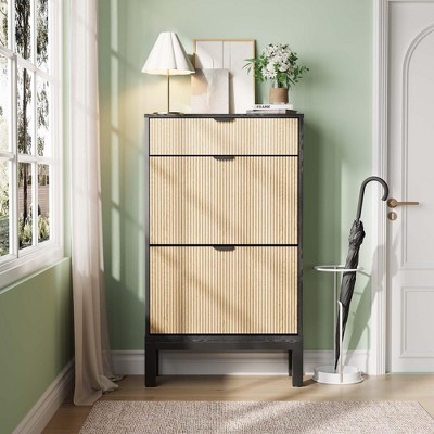 Shoe Storage Cabinet with 2 Flip Drawers & Large Drawer, Farmhouse Fluted Shoe Organizer with Metal Legs, Freestanding Hidden Slim Narrow Shoe Rack