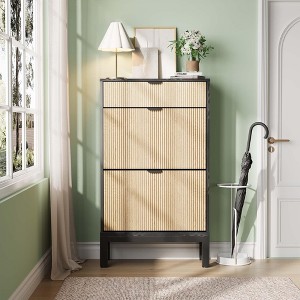 Shoe Storage Cabinet with 2 Flip Drawers & Large Drawer, Farmhouse Fluted Shoe Organizer with Metal Legs, Freestanding Hidden Slim Narrow Shoe Rack - 1 of 4