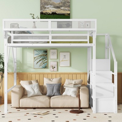 EMPIRE DIGLABS Stairway Full Size Loft Bed with Storage Shelves & Wardrobe & Safety Guardrails Design, No Box Spring Needed