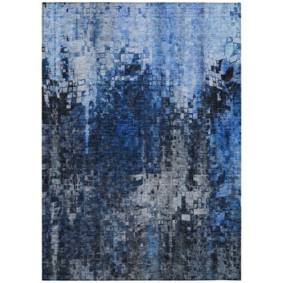 Navy Blue And Denim Blue Abstract Washable Indoor Outdoor Area Rug