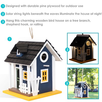 Charming Midnight Blue Pine Plywood Cottage Bird House with Solar Light