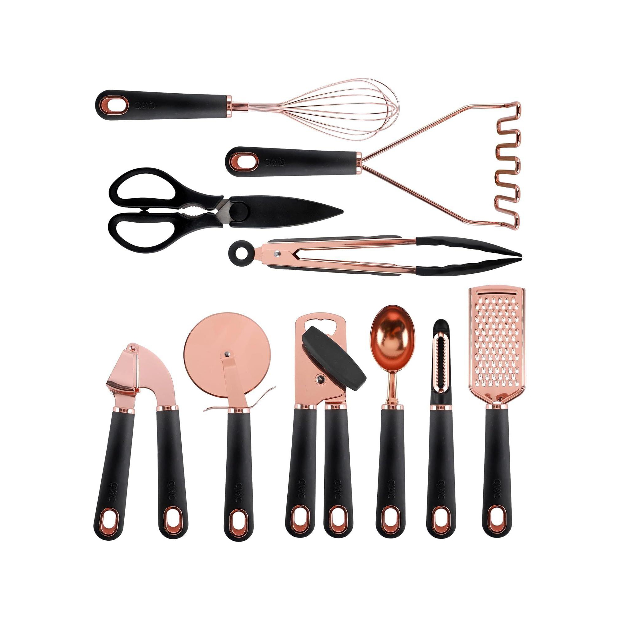 COOK WITH COLOR Kitchen Gadget Set Stainless Steel Utensils with Soft Touch Handles, 10 Pc. Copper, Black