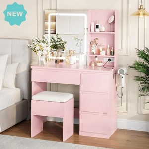 Jojoka Vanity Desk with Lighted Mirror, 3-Color LED Makeup Table with Charging Ports, Storage Stool, Drawers and Hair Dryer Holder,Modern Bedroom Set - 1 of 4