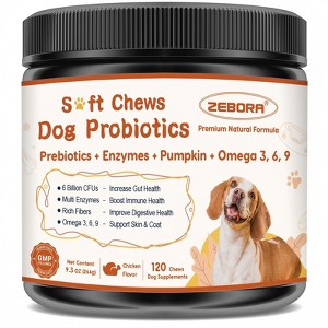 ZEBORA Dog Probiotics with Pumpkin & Digestive Enzymes Supports gut health, relieves occasional diarrhea & skin issues 120 pumpkin-flavored soft chews - 1 of 4