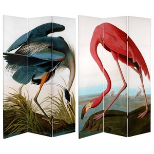 6" Double Sided Audubon Heron and Flamingo Canvas Room Divider - Oriental Furniture: Folding Privacy Screen - 1 of 4