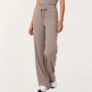 Anna-Kaci Active Women's High Waist Wide Leg Pants with Drawstring Tie and Soft Stretch Fabric - Large, Khaki - 1 of 4