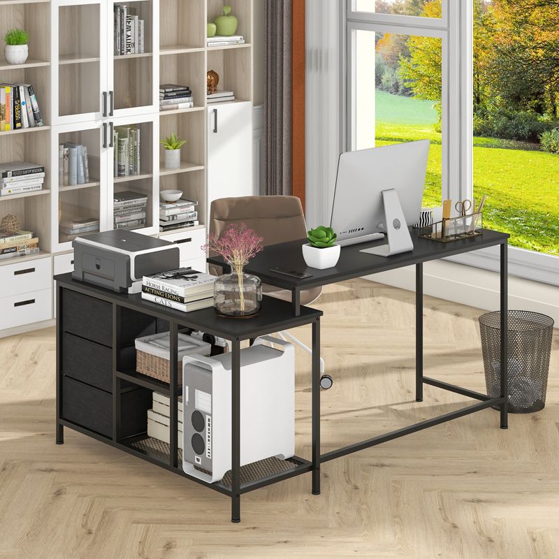 Tangkula L-Shaped Computer Desk with Drawers & Shelves 81” Convertible Home Office Desk with Charging Station Rustic Brown/Black/White, 3 of 10