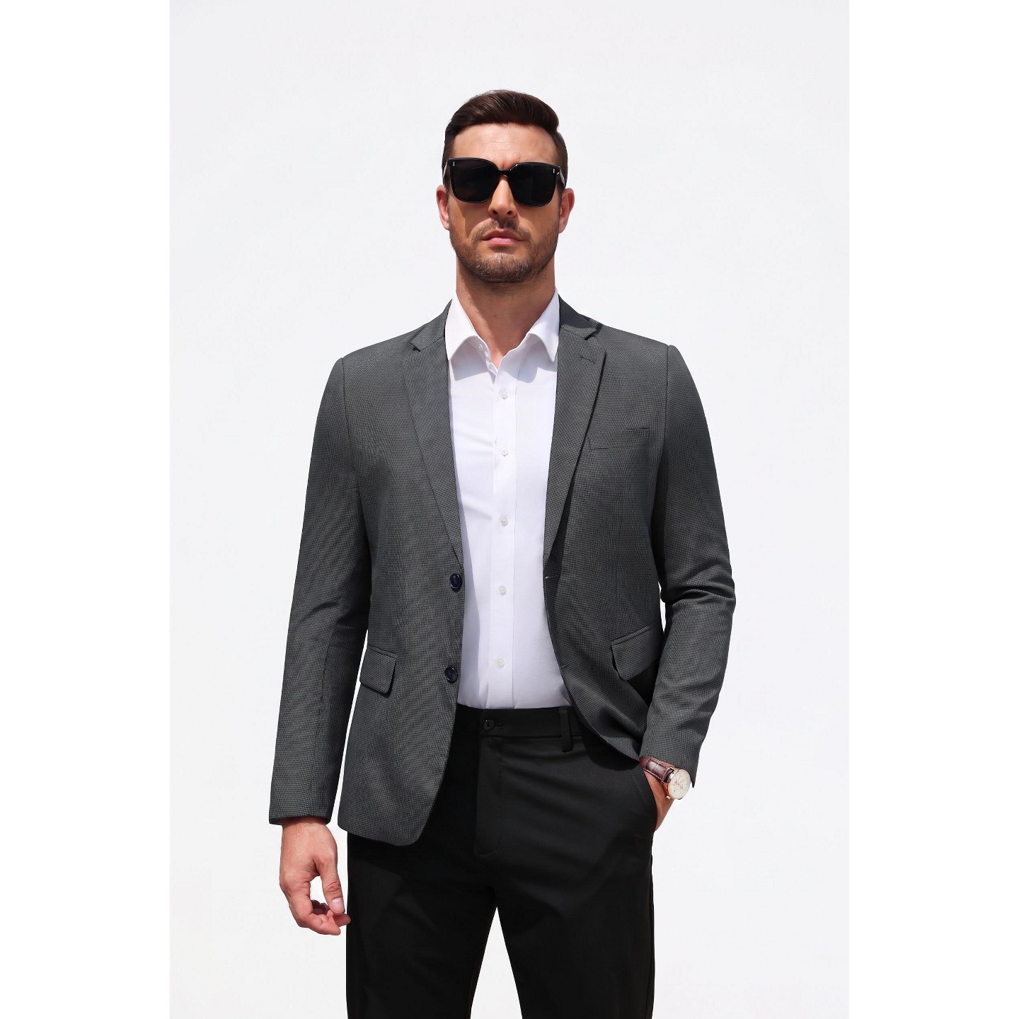 Мужской пиджак COOFANDY Regular Fit Notched Collared Houndstooth Print Blazer Light Gray-Black, цвет: Светлый серый — фото 1