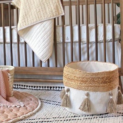 Round Cotton and Jute Boho Storage Bin with Tassels