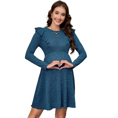 Maternity Ribbed Knit Ruffle Cap Long Sleeve Fall Casual Sweater Dress Crew Neck Midi Dress Baby Shower Photoshoot
