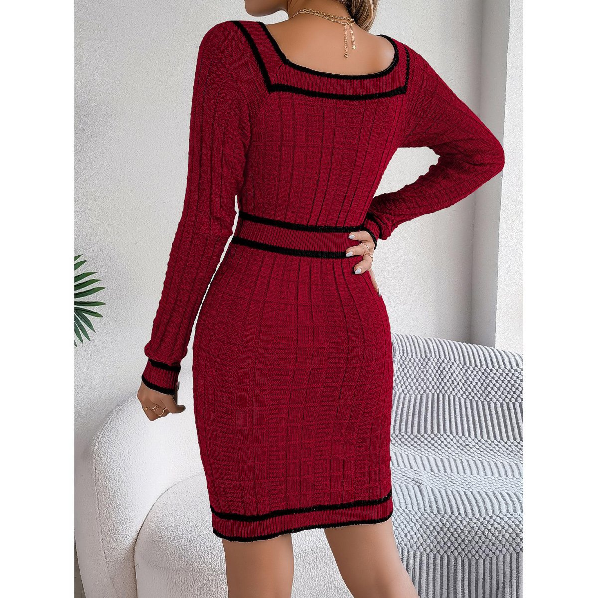 Женские платья YesFashion Women's Dress Contrast Trimmed Knit Sweater Dress Square Neck Dress, Wine Red, L — фото 3