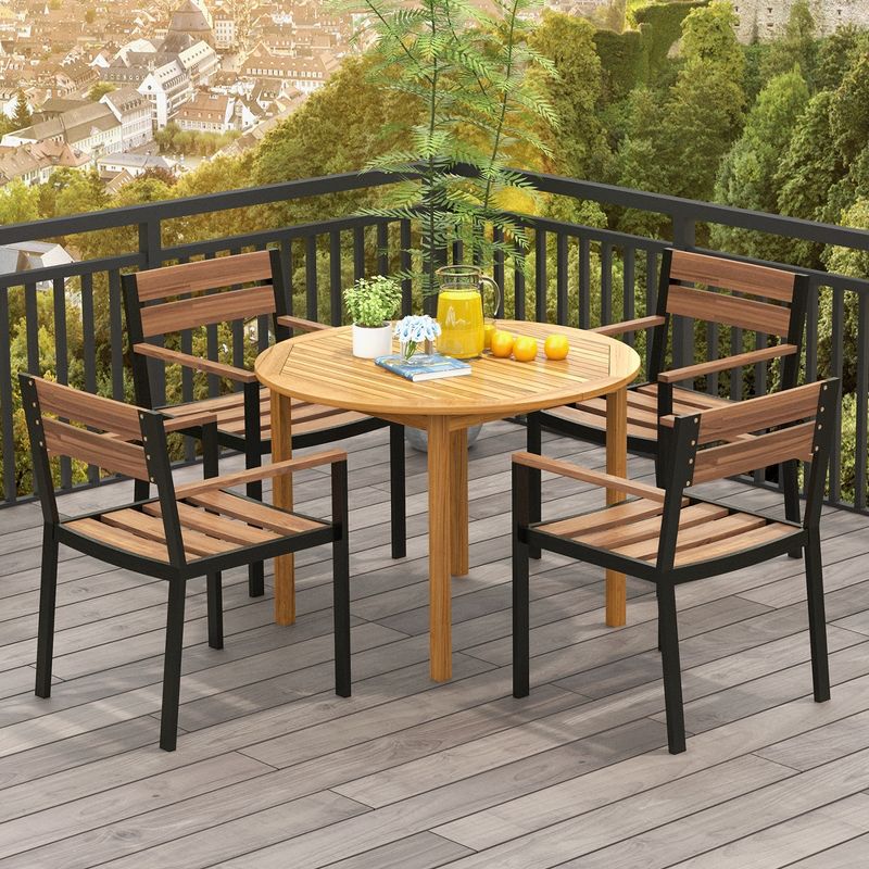 Costway Patio Dining Table Acacia Wood Round Outdoor Bistro Table 4-Person for Deck Lawn, 5 of 11
