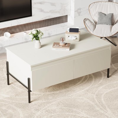 White Coffee Table with Drawers, Rectangle Coffee Table with Back Open Shelf, Center Table