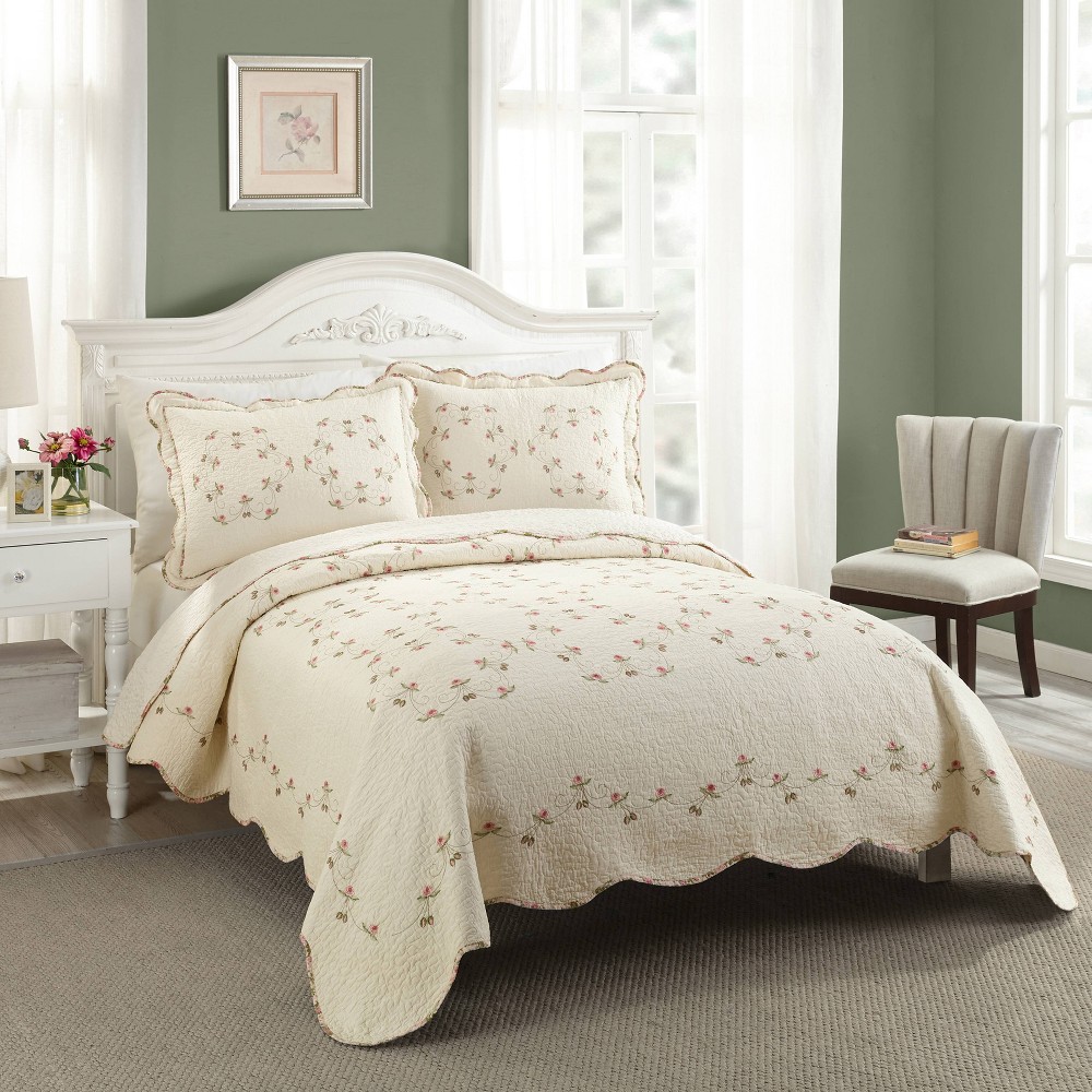 Photos - Bed Linen Modern Heirloom 2pc Twin Felisa Quilt Set Beige: Embroidered Bedding, Scalloped Edging, Floral Pattern