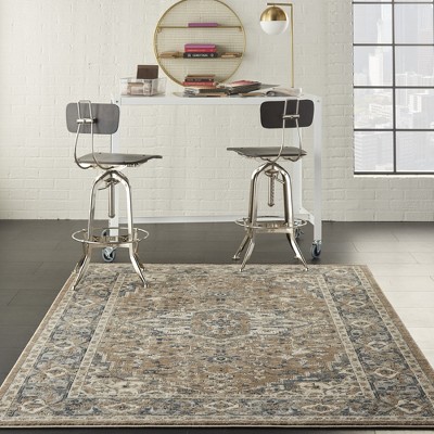 Beige & Grey Synthetic 45.67" Round Area Rug with Stain-Resistant Finish
