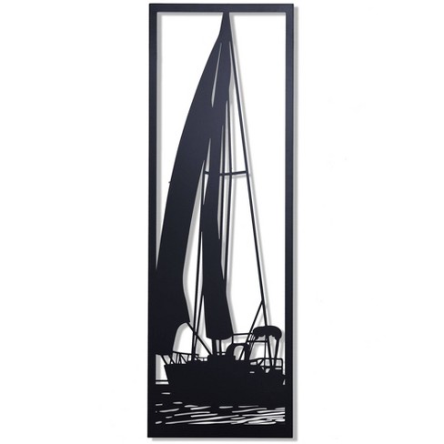 Shadows of A Sailboat in Water Metal Wall Decor Black - StyleCraft: Coastal Abstract Art, Iron Sculpture, Vertical Layout - image 1 of 4