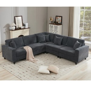 108'' Corduroy Modular L-Shaped Sectional Sofas with 5 Throw Pillows and 6 Back Cushions - 1 of 4