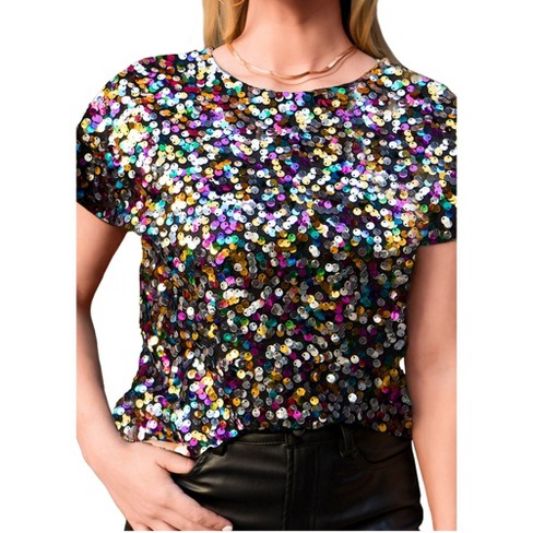 Anna-kaci Glitter Sequin Tops Short Sleeve Sparkly Binding Shirt