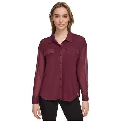 Calvin Klein Womens Mesh Button Up Shirt, Purple, X-Large
