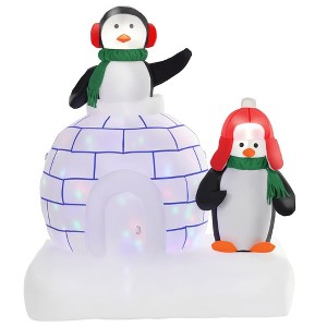 5 ft Lighted Christmas Inflatables Outdoor Decorations Penguins with a Scarf and Igloo, Rotating Colorful Light - 1 of 4